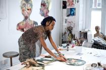 Wangechi Mutu in her studio, New York, 2009. Photo: Chris Sanders